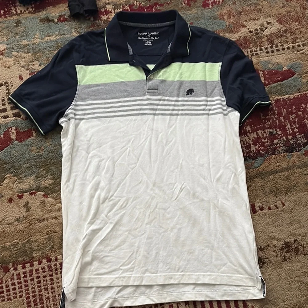 Banana Republic Navy, Light Green, Gray and White Striped Polo